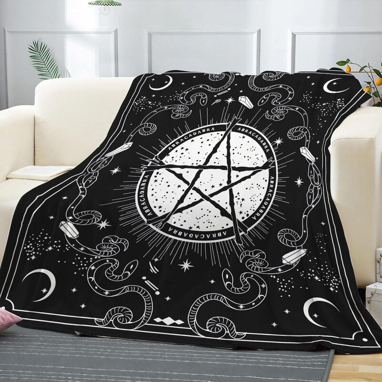 Leeisysme Black and White Pentagram Fleece Throw Blanket, Gothic Witchy Blessed Pray Star Cozy Decor Nap Blankets Gift with Moon Star and Snake Stone Sofa Bed Couch Chair or Dorm Throws 40×50 inches - Image 3