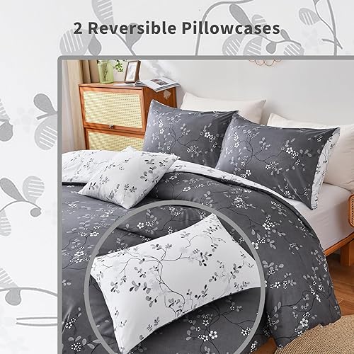 Miniatura 5 de Juego de edredón morado tamaño Queen, juego de ropa de cama botánica de 4 piezas con estampado de plantas y flores con 3 fundas de almohada para