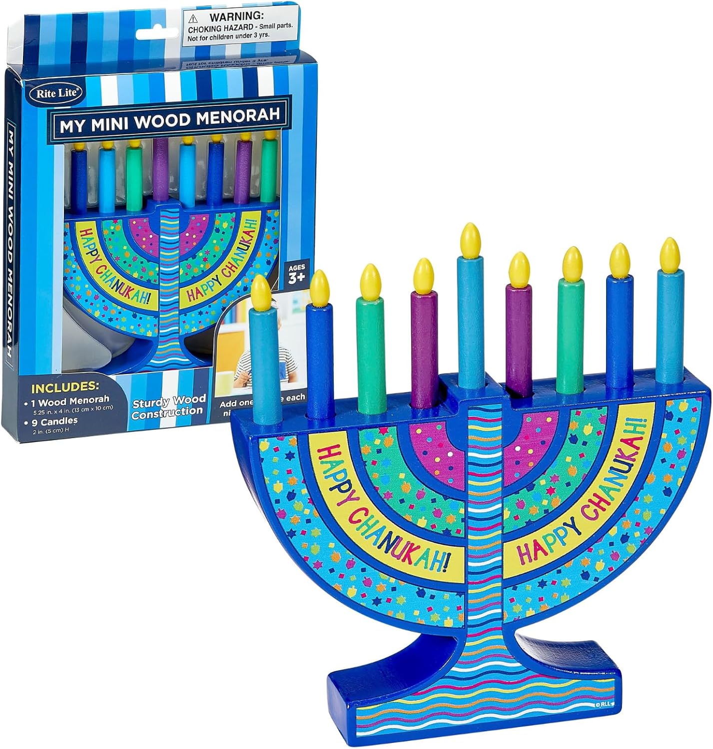Rite Lite My Mini Wood Menorah with Removable Wood Candles Colorful Chanukah