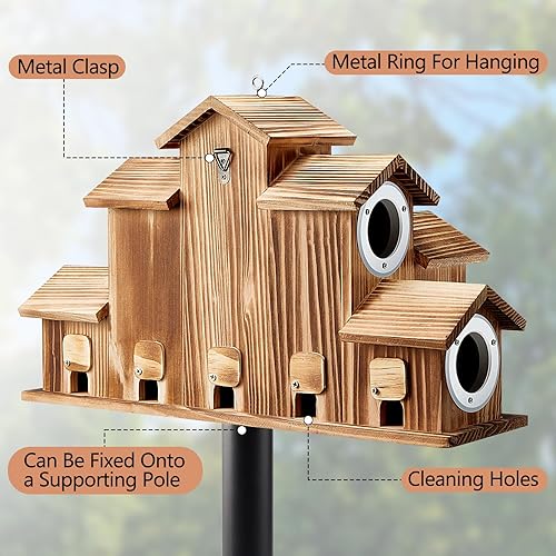 Miniatura 4 de Casa de pájaros para exterior, 7 habitaciones de madera colgante caja anidable cabañas comedero para pájaros pequeños al aire libre, Acción de