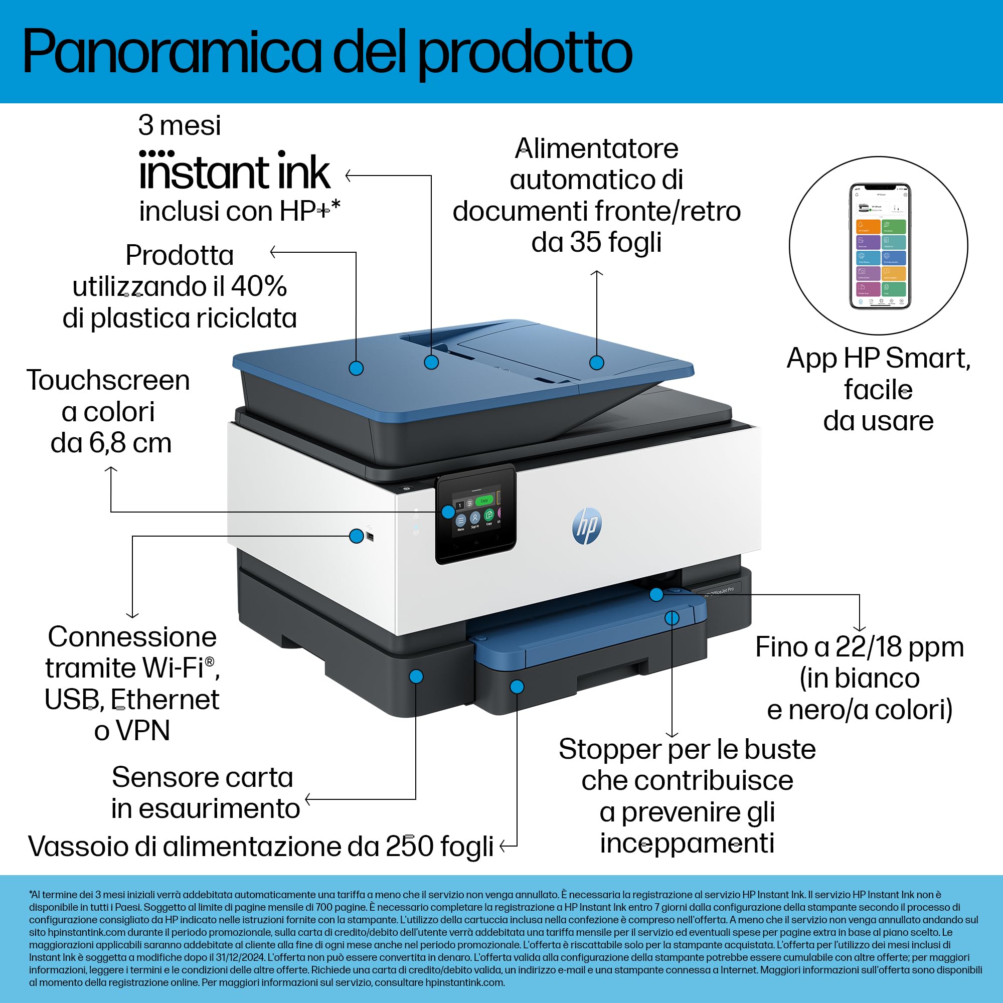 HP OfficeJet Pro 9125e Stampante Multifunzione a Getto d'Inchiostro A4 Colori Wi-Fi Fronte e Retro Automatico 22 ppm Grigia