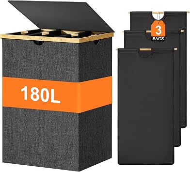 WOWLIVE 180L Laundry Hamper 3 Section, Bamboo Laundry Basket with Lid | Extra Large Dirty Clothes Hamper with Removable Linner Bags, Laundry Bin Organizer Storage for Dorm, Bathroom, Black