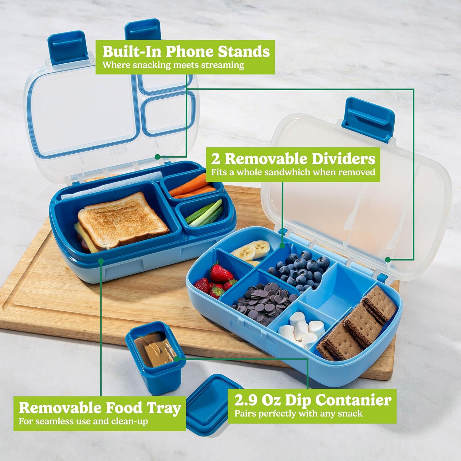 Tasty 2-Piece Snack & Bento Box Set, Includes Lunch Box & Snack Box, Portable Food Storage with Built-In Phone Stand, Carry Handles, Blue