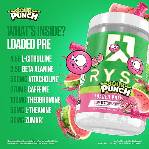 Miniatura 4 de RYSE Loaded Polvo de Pre-Entrenamiento - Sour Punch Sandía - Pre-entrenamiento diario para hombres y mujeres con 300mg de cafeína, beta alanina y