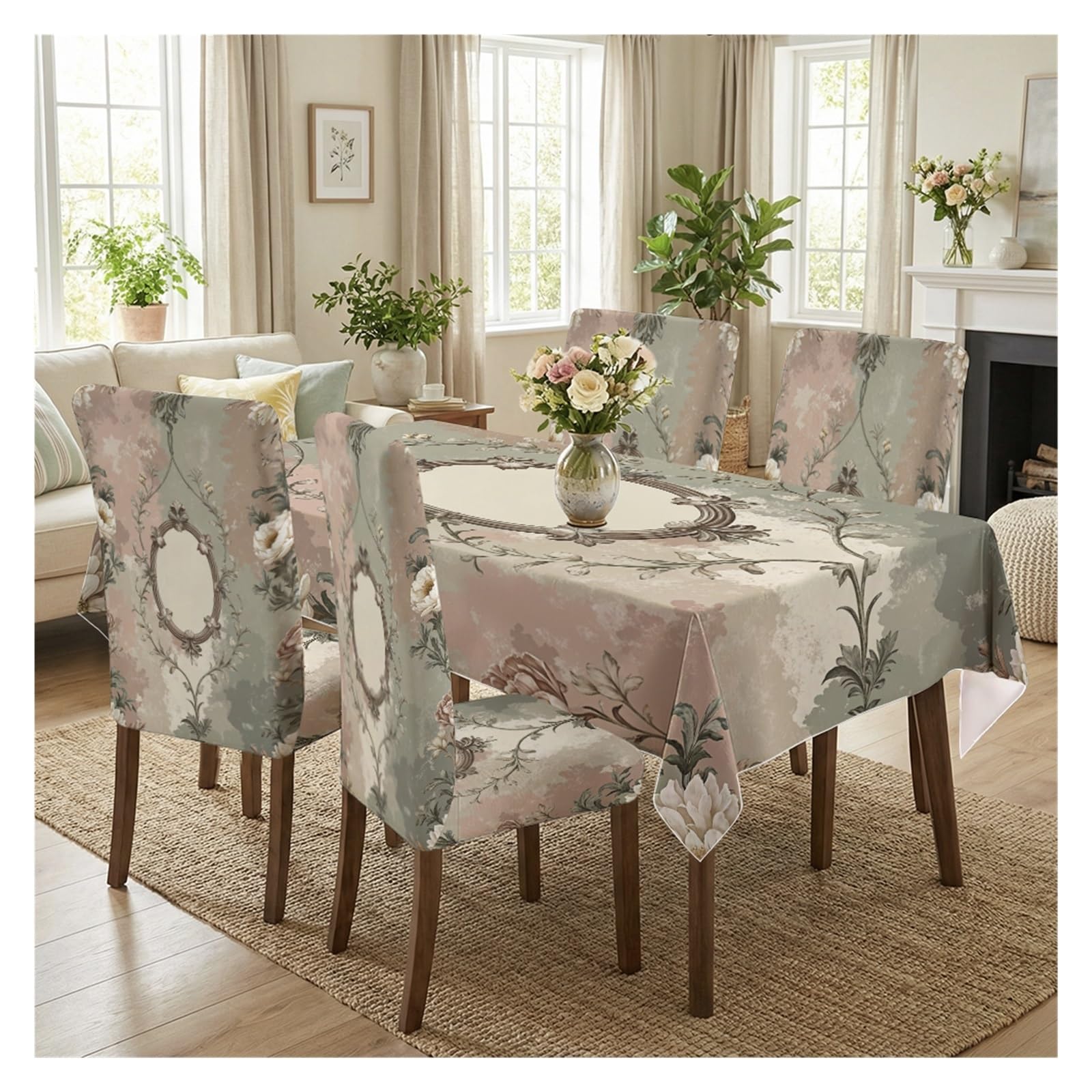 BOSUYBN Muted Sage Pink Vintage Damask Rose Dining Set, 5/7 Piece Elegant Baroque Frame Floral Tablecloth & Chair Slipcovers Table Setting(5pcs Set: Tablecloth+Chair Covers)