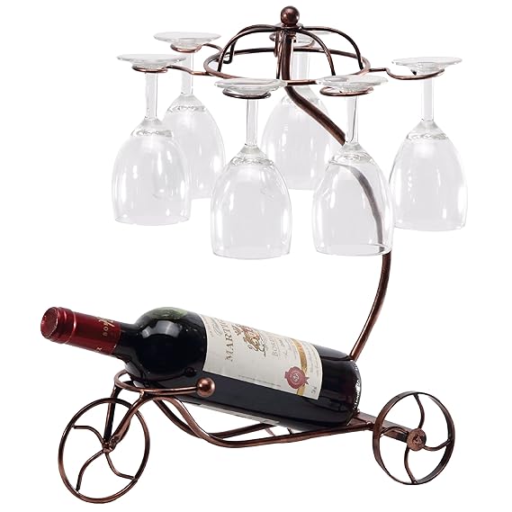 Vintage Parisian Style Bronze Tricycle 6 Wine Glass and Bottle Server Display Rack Table Top Organizer Stand - MyGift