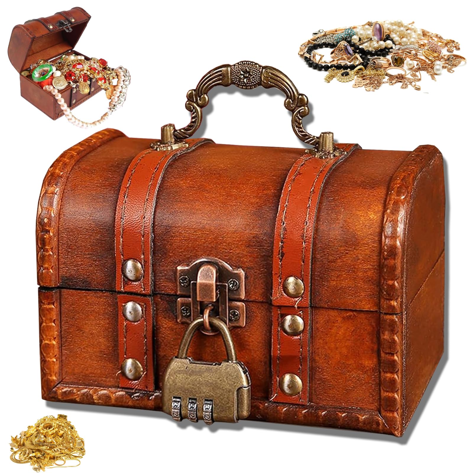 qhklew Vintage Wooden Treasure Chest, Small Treasure Box with Combination Lock, Retro Small Wooden Boxes, Children's Treasure Chest, Jewelry Box, Mini Wooden Chest for Storage and Decoration (Brown)