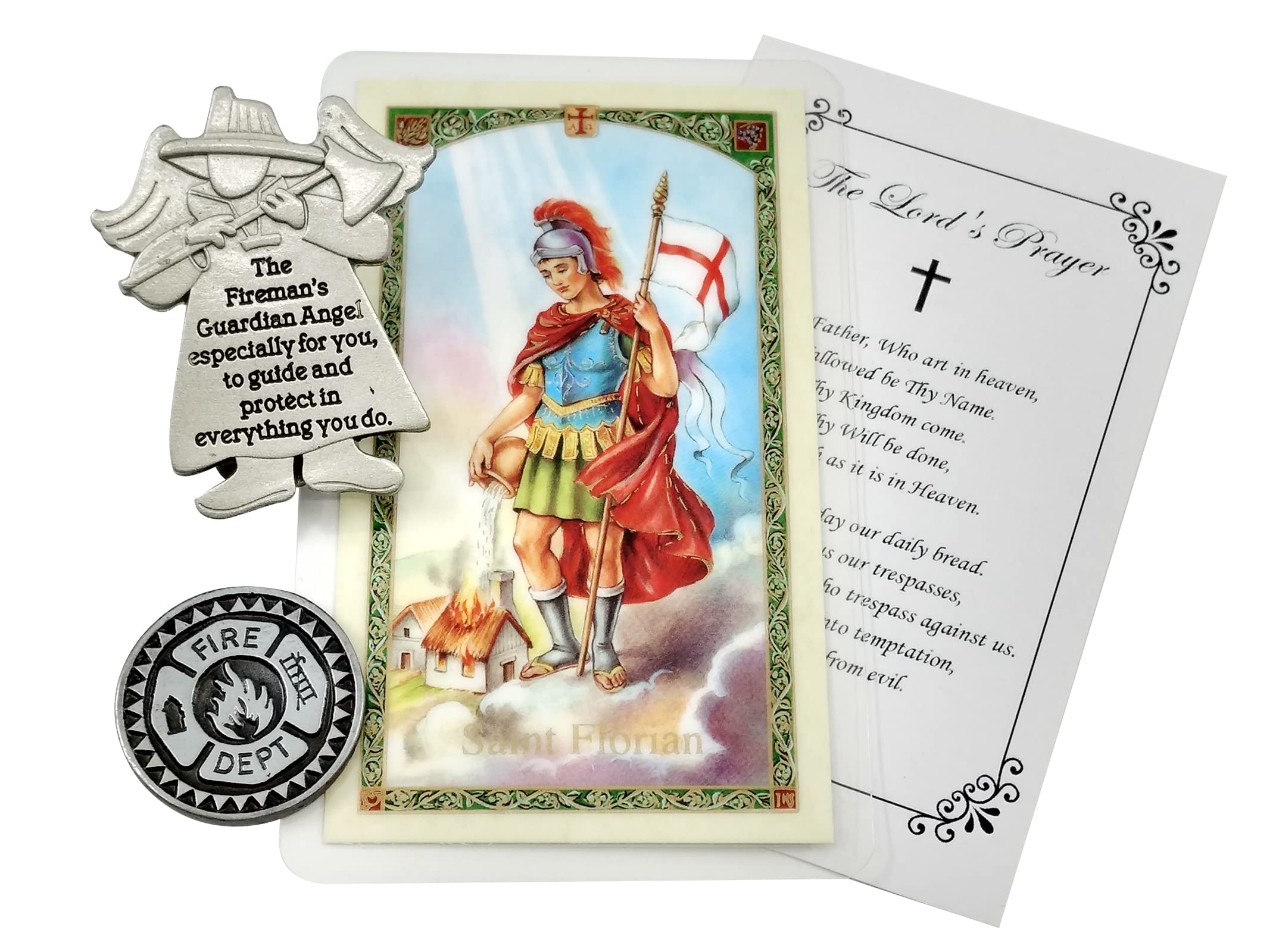 Laminated St Florian Prayer Card - with Guardian Angel Firefighter Visor Clip, Coin Token, The Lord's Prayer | Catholic Patron Saint of Firefighters Themed Set of Fireman Prayer Card and Visor Clip