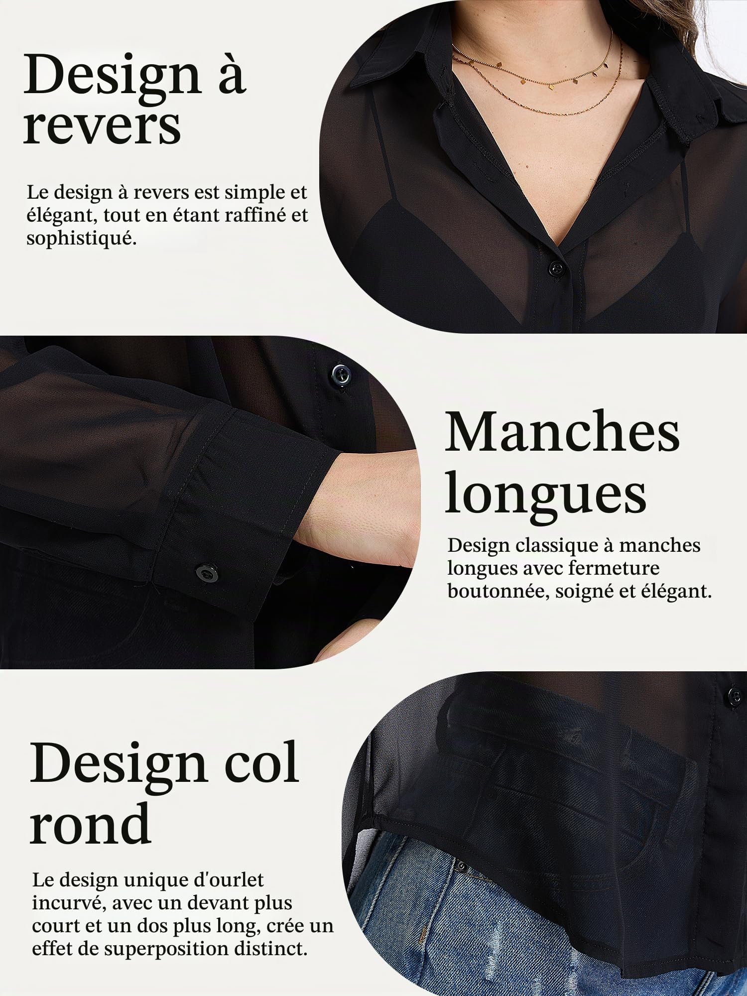 Chemises en Mousseline Transparente pour Femmes Noires et Roses Style Classique boutonnées Manches Longues