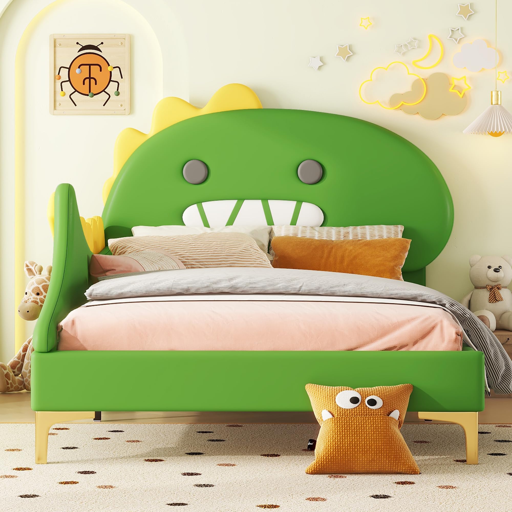 Cama infantil de dinosaurio verde 90x200 de PU y MDF con diseño de dibujos animados