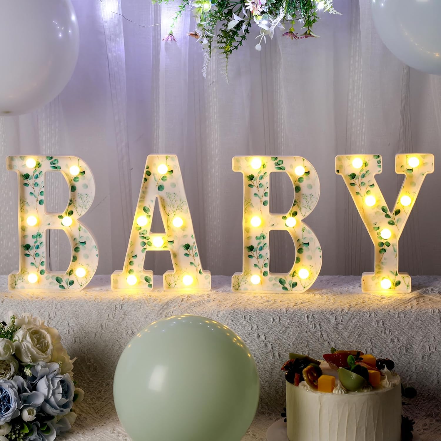 Realspring Baby Shower Sign Babe Marquee LED Letters Battery Operated Light up Centerpieces Glowing Home Table Party Decor for Boy Girl Gender Reveal Birthday, 8.26''(Eucalyptus Leaf Baby,Green)
