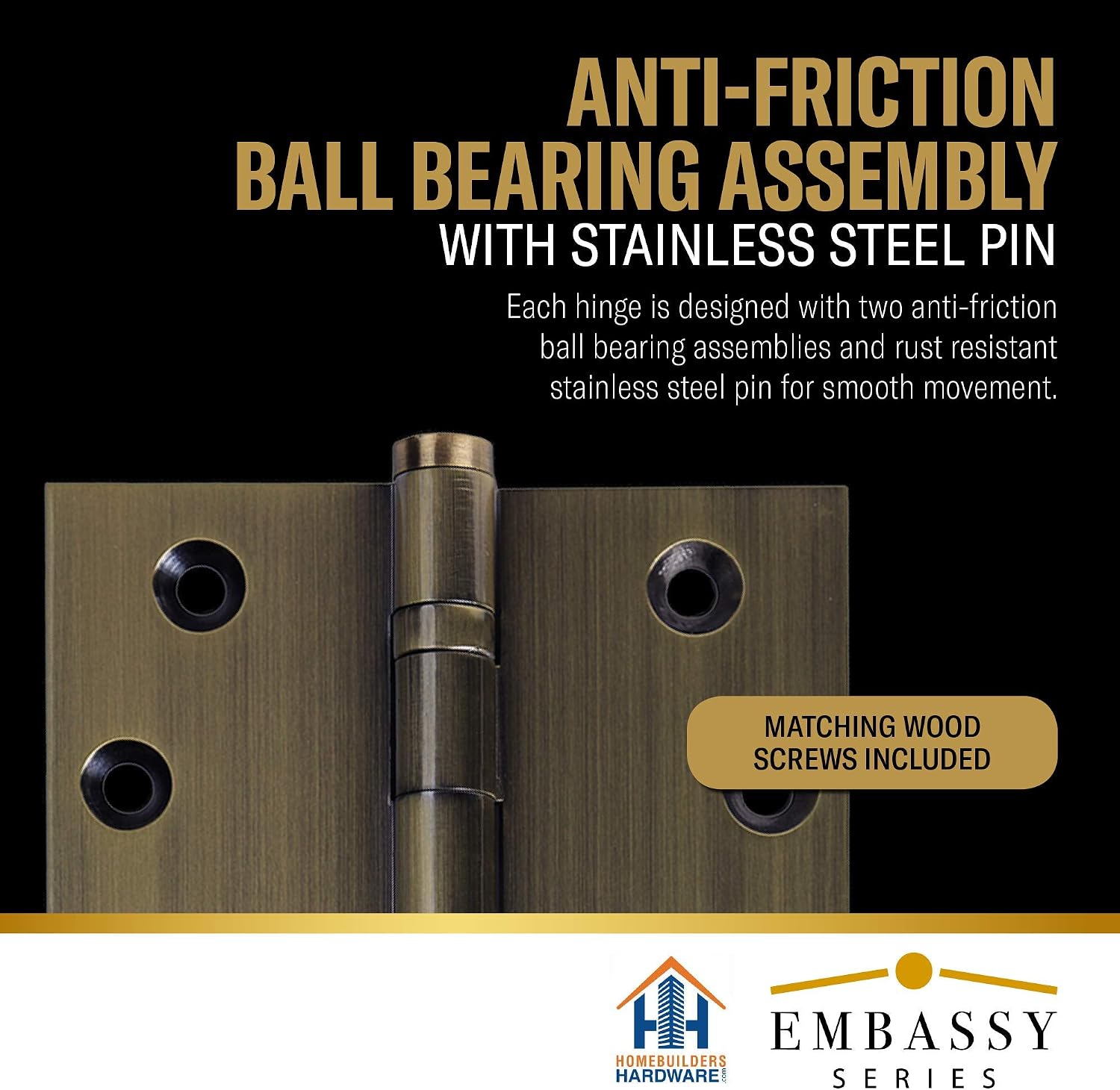 3 Pack - 4.5 x 4.5 Solid Brass Ball Bearing Hinges - Antique Brass (US5) with Flat Tips