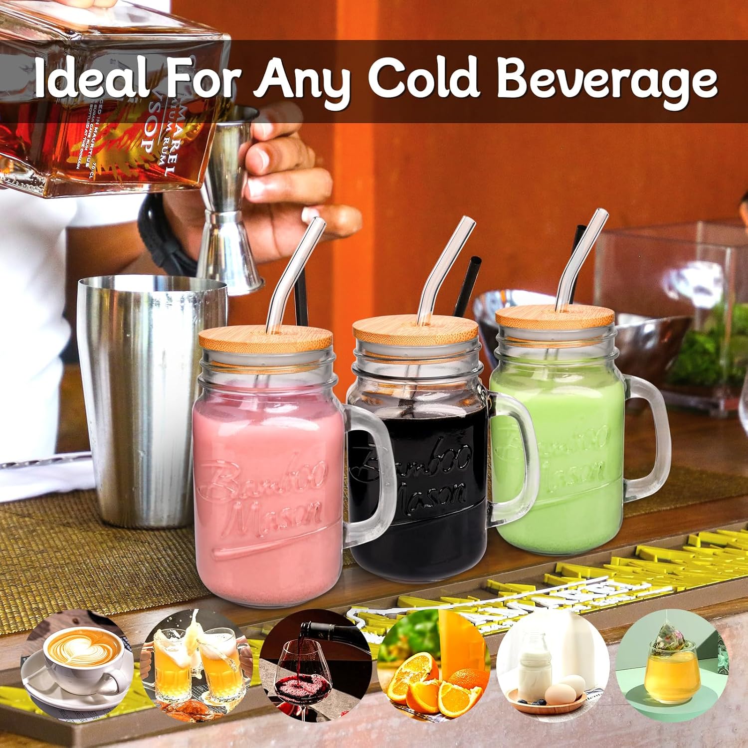 ANOTION Mason Jar Drinking Glasses - 16oz Mason Jars Glass Cups With Lids and Straws Iced Coffee Cup Mason Jar Juice Bottles Smoothie Cup Cute Mugs Glass Milk Bottle Vintage Glassware for Beverages - Image 7