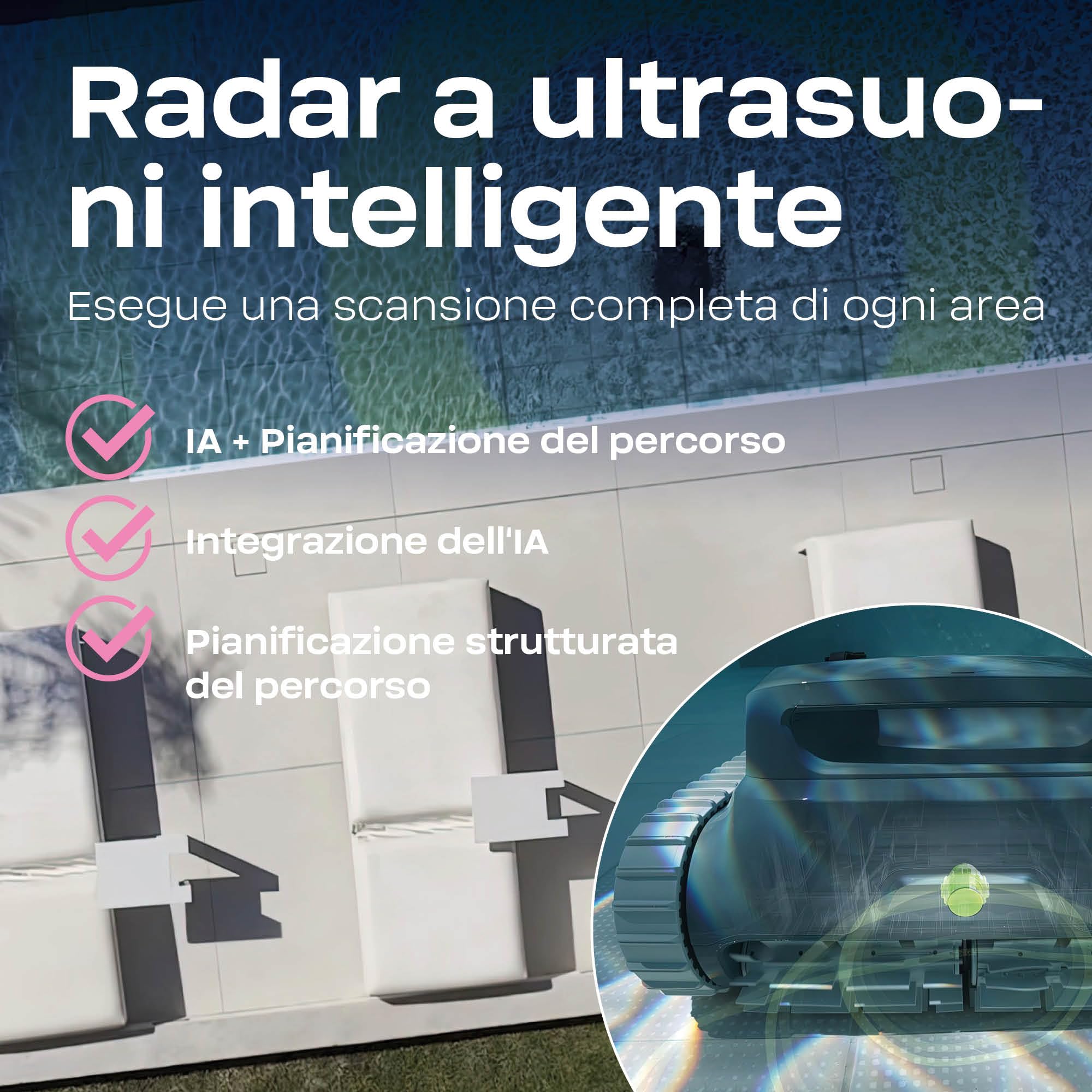 BWT Robot per piscina ES Echo, batteria e controllo app, navigazione intelligente ultrasonica, batteria sostituibile, pulisce pavimento/pareti/linea di galleggiamento, durata 3 ore, per piscine fino a