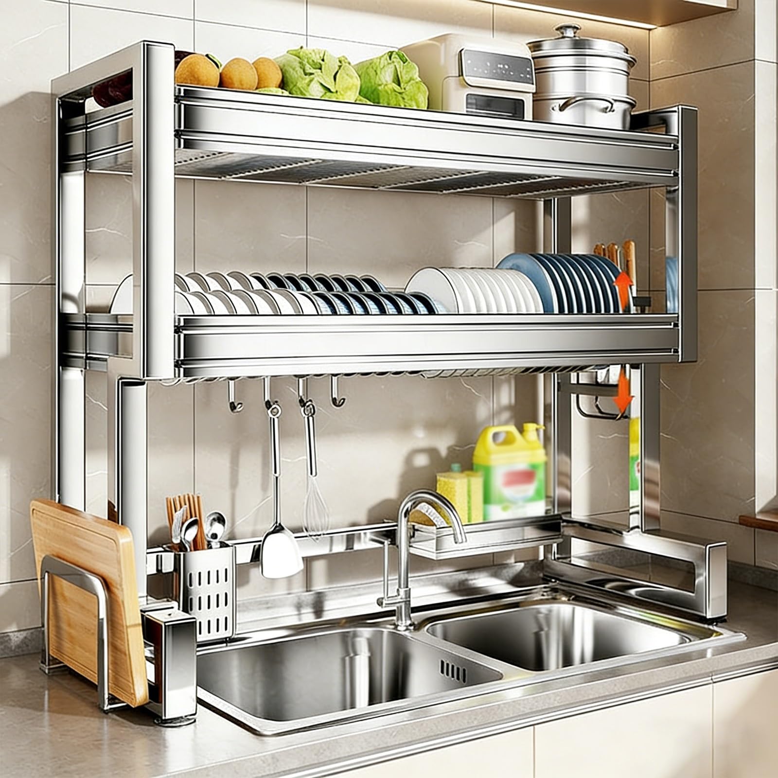 Escurridor de platos de acero inoxidable, estante de secado que ahorra espacio para almacenamiento de cocina, platos, vasos, cubiertos