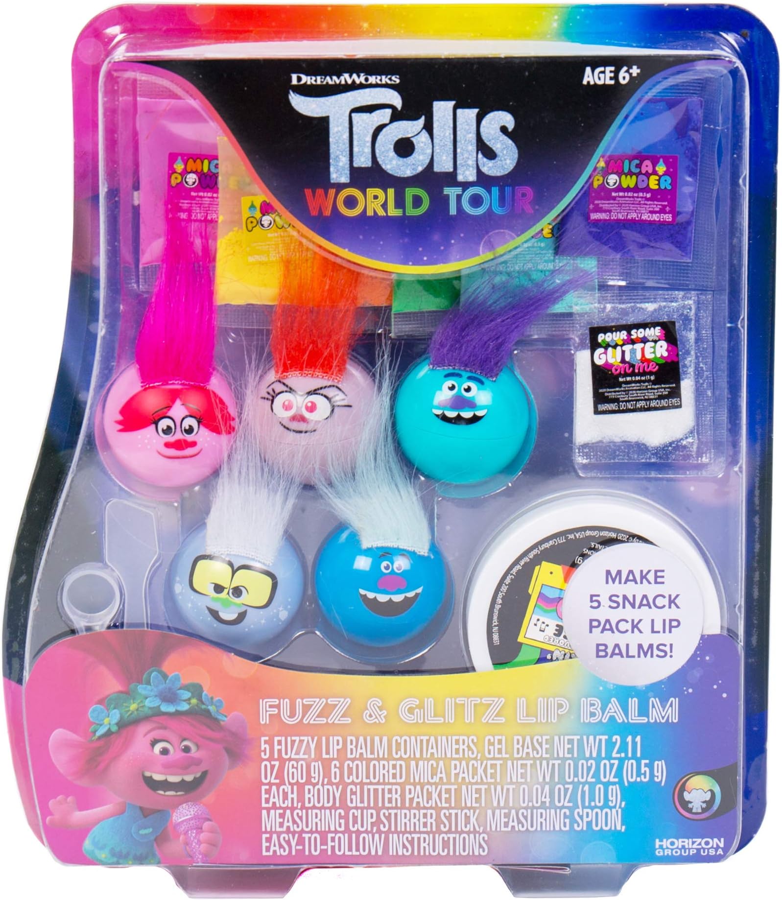 Trolls World Tour Fuzz & Glitz Lip Balm Set by Horizon Group USA. DIY 5 Personalized Lip Balms. Mix Together Colors & Glitter to Make Your Unique Snack Pack Lip Balm