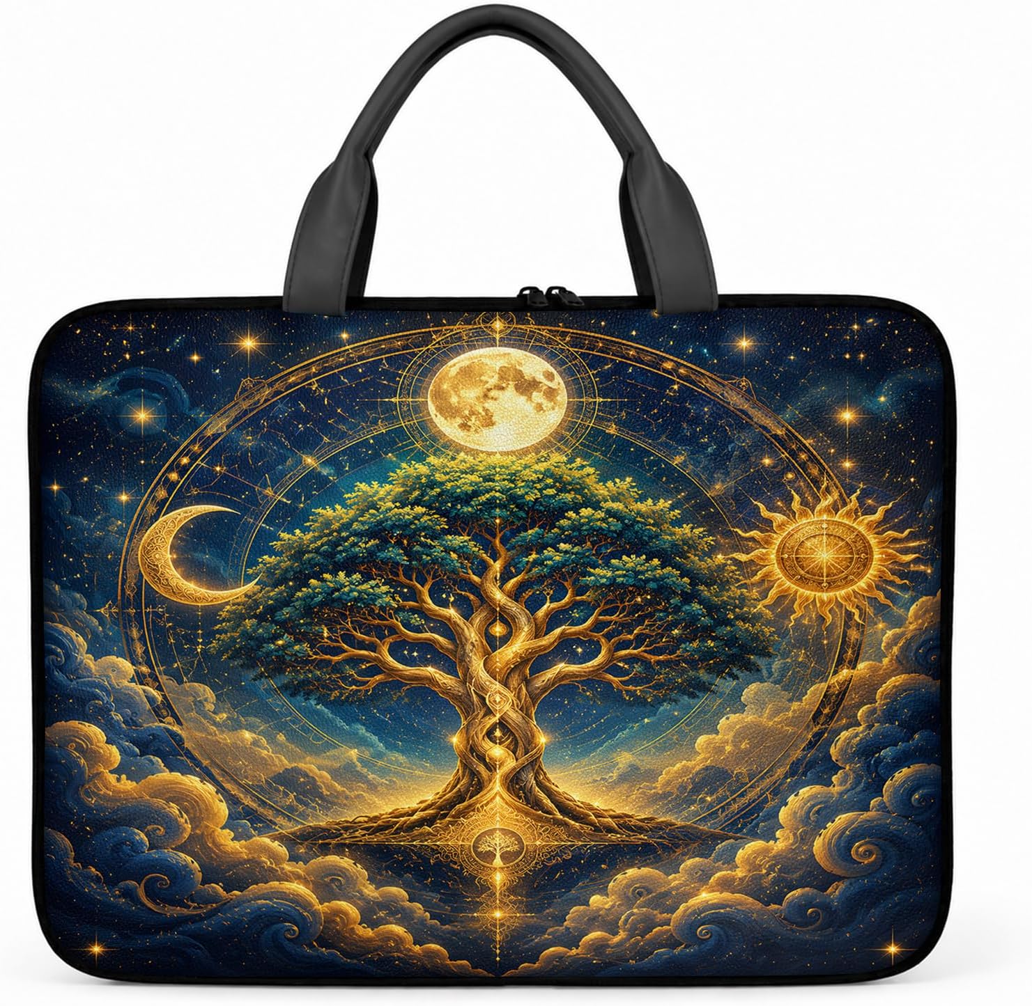 Starry Sky Moon Tree of Life PU Leather Laptop Case Sleeve Bag with Handle