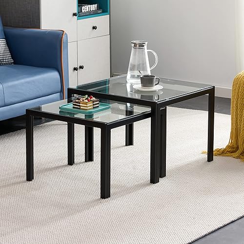 Miniatura 3 de Juego de 2 mesas auxiliares anidables de vidrio transparente, mesa apilable moderna cuadrada con acabado de madera, mesas auxiliares industriales