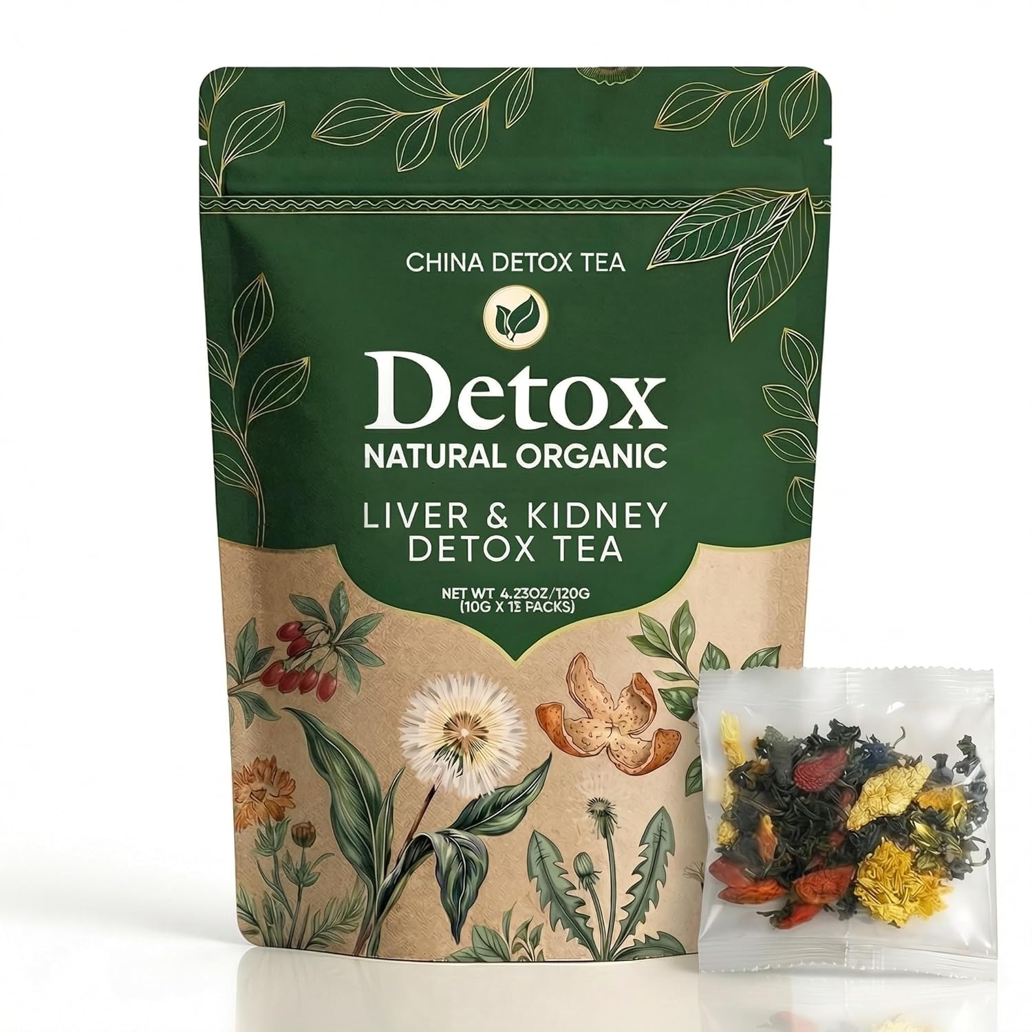 Liver & Kidney Detox Tea, Dandelion Wolfberry Tea, Organic Tea with 6 Natural Herbal Ingredients, Goji Berry, Cassia Seed, Orange Peel & Chrysanthemum, 120g /12 Bags