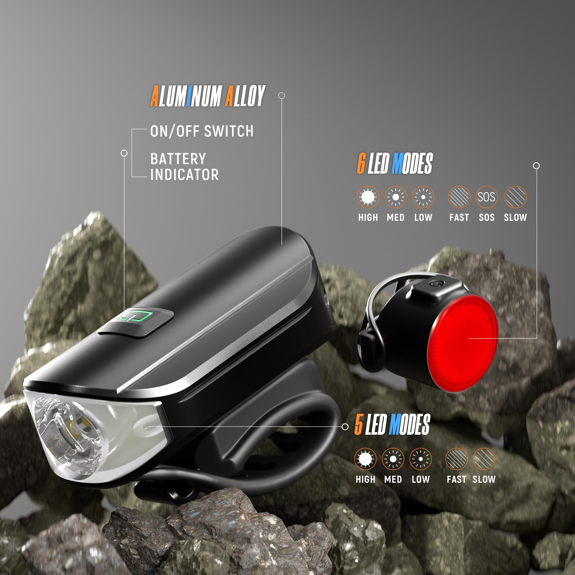 Ensemble de phares de vélo 1500 lm rechargeables par USB - Phare et feu arrière étanches - 5 modes d'éclairage - Convient aux vélos de route et de montagne
