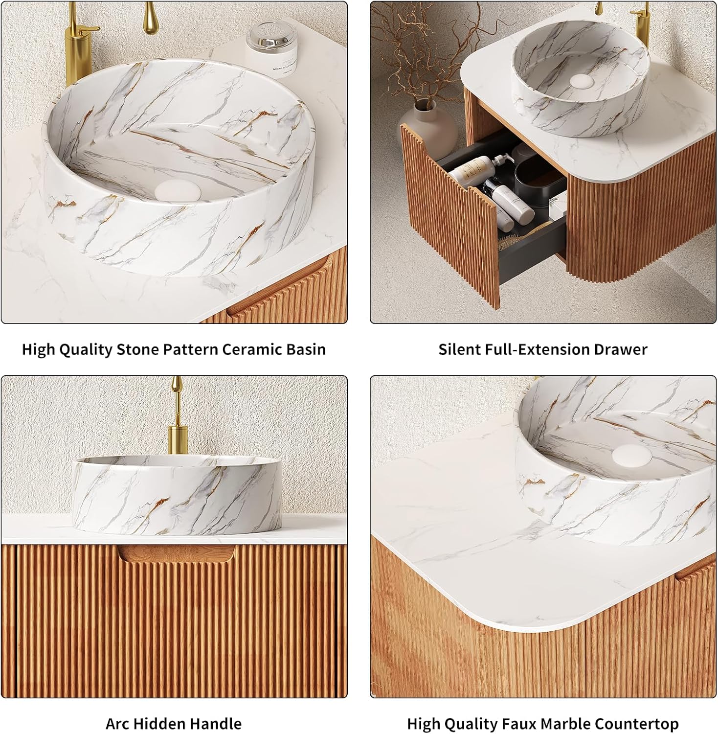 Yayzy 48" Floating Bathroom Vanity with Sink, Solid Wood Fluted Cabinet, White Marble-Patterned Ceramic Basin & Faux Marble Top, Soft-Close Drawer, Pre-Assembled, Natural Woodgrain