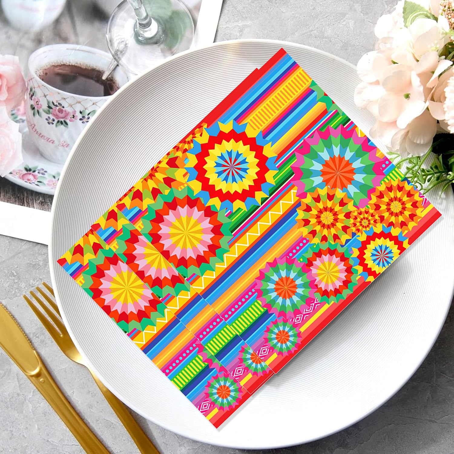 88PCS Cinco De Mayo Paper Plates Napkins Retro Flowers Disposable Tableware Set Baby Shower Party Supplies Tissue Mexican Fiesta Theme Cutlery Sets Serves 24 Guests