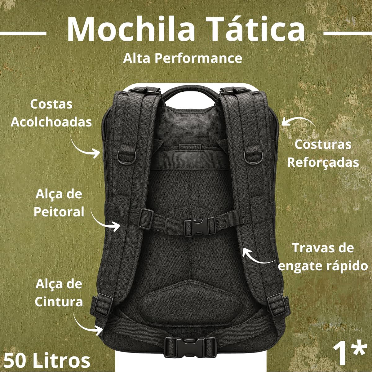 Mochila Tática Impermeável Militar Reforçada Grande 50 Litros Masculina Feminina Preto Mochila Tática Impermeável Militar Reforçada Grande 50 Litros Masculina Feminina Preto