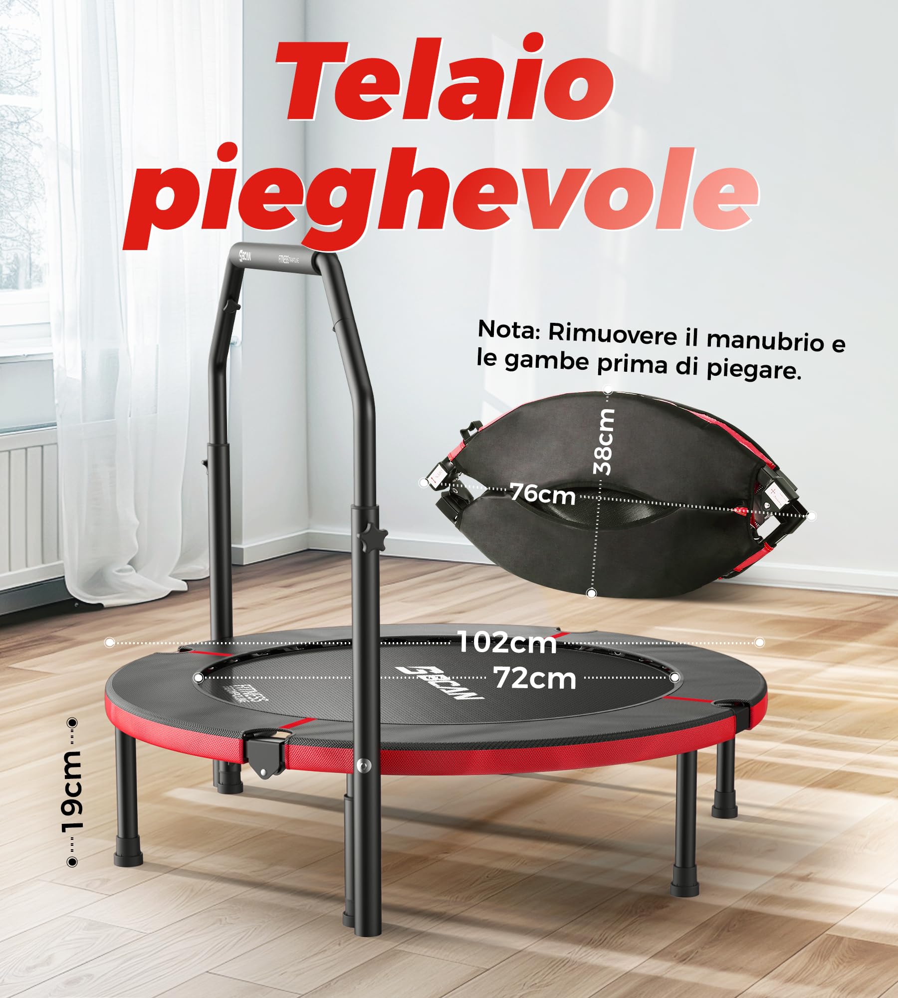 Trampolino da interno BCAN, mini trampolino fitness pieghevole da 102 cm, per adulti con maniglia regolabile, carico massimo 150 kg, ideale per l'allenamento a casa e l'allenamento fisico