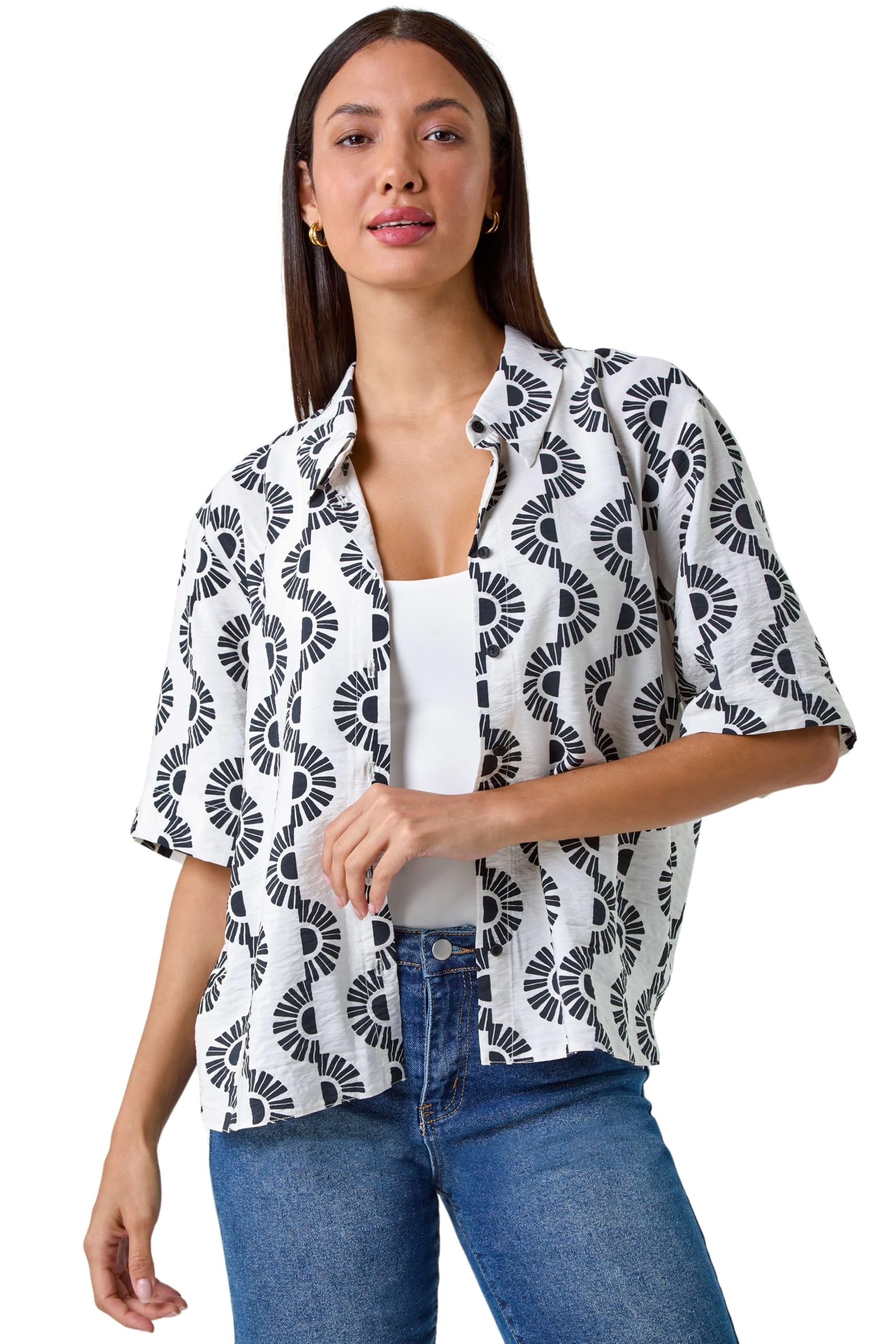 Roman Petite Button Up Pocket Shirt for Women UK - Ladies Spring Everyday Summer Break Short Sleeve Soft Collar Neckline Comfy Lightweight Cool Blouse Vacation Tops - Noir & Ivory - Size 16