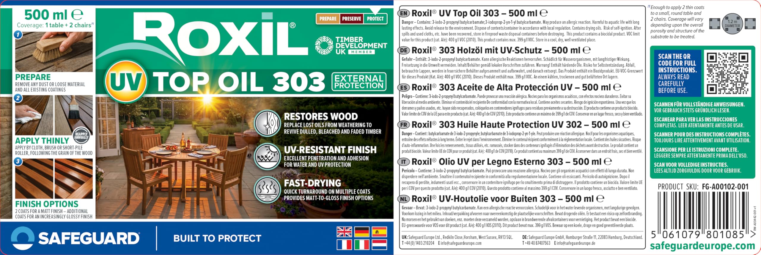 Roxil UV Top Oil 303 1Litro| Acabado transparente de mate a brillante | Barniz para madera de exterior resistente a los rayos UV| Protección para madera resistente a la intemperie y de larga duración