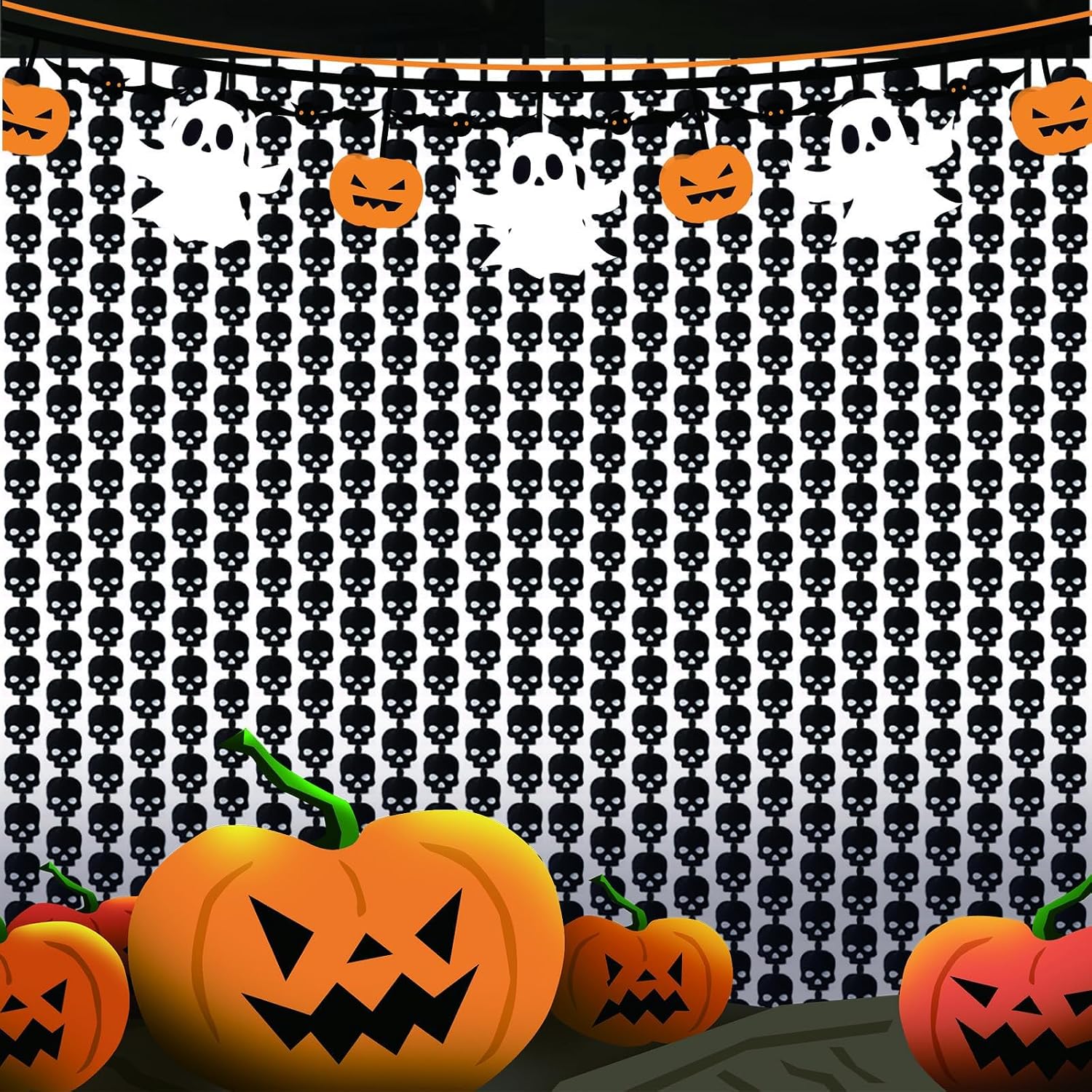 2 Pack 3.3ft x 6.6ft Halloween Foil Fringe Curtain, Black Skull Metallic Tinsel Curtains Streamer Large Party Photo Booth Props Backdrops for Wall Door Indoor Outdoor Decorations