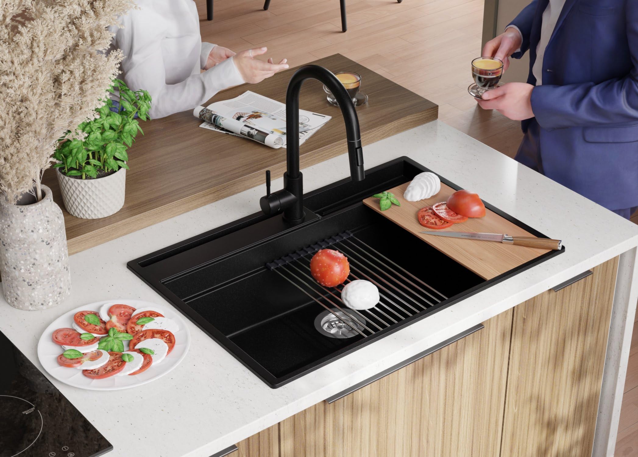 PRIMAGRAN Lavello da Cucina Nero 78x53cm, Lavandino in Granito a 1 vasca + Sifone Classico, Lavabo da Cucina Incasso al Mobile 80cm - Oslo Pocket S335