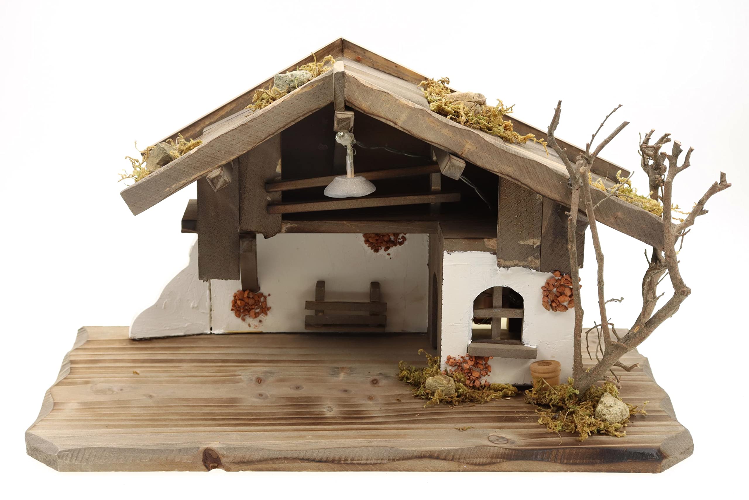 ELLUG Holz Krippenstall, Weihnachtskrippe mit Licht 38 * 18 * 21cm (OHNE Krippenfiguren) aus Holz, für Figuren bis 10cm Höhe