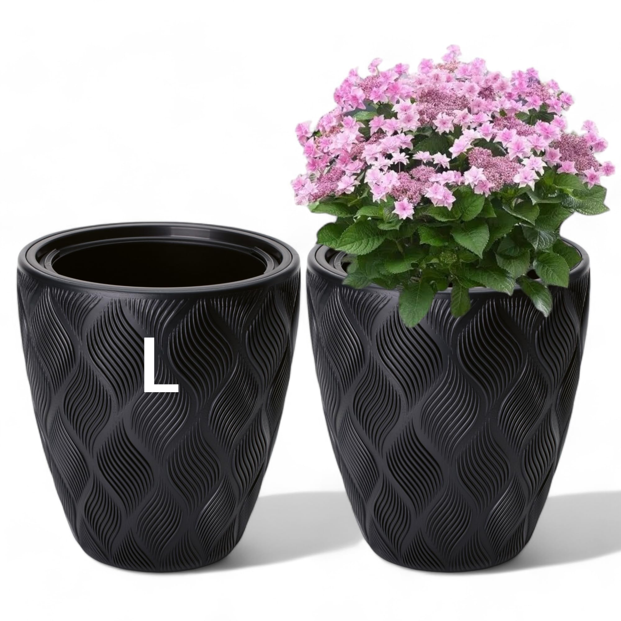 MELTOM Vaso da Fiori H 42 cm Ø 39 cm Nero Rilievo 3D con Riserva d'Acqua