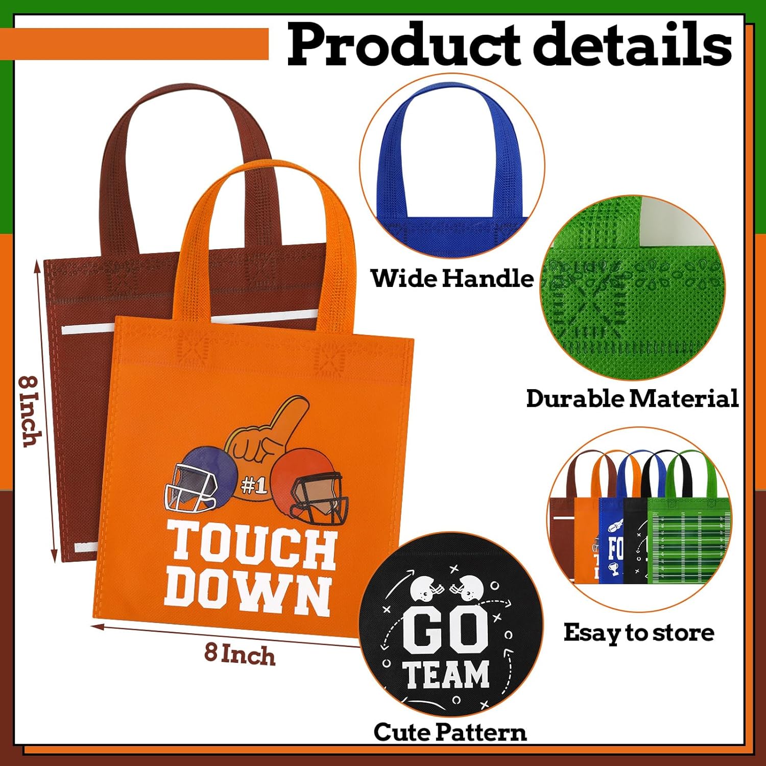 Affrolling 25 Pcs Football Non Woven Party Favors Goodie Bags with Handles 8 x 8 Inch Sports Theme Parties Football Snack Candy Treat Gift Bags for Team Birthday Sport Favor Supplies - Image 3