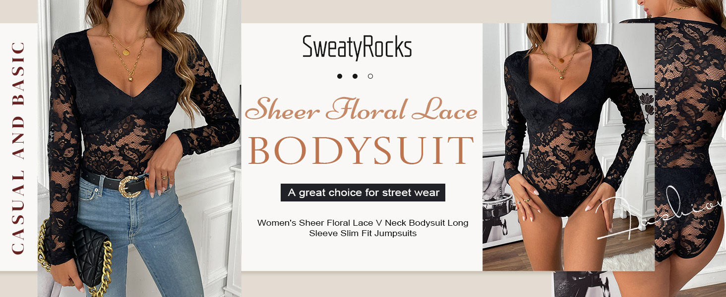 SweatyRocks Women's Sheer Floral Lace V Neck Bodysuit Long Sleeve
