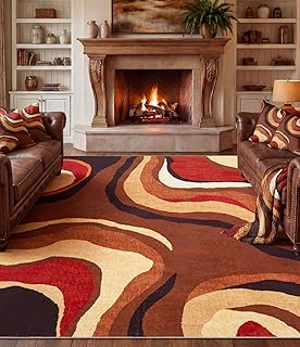 YIHOUSE Burnt Orange Rug 8x10 Washable,Alfombras para Salas,Farmhouse Brown Retro Carpets,Geometric Abstract Wavy Rug
