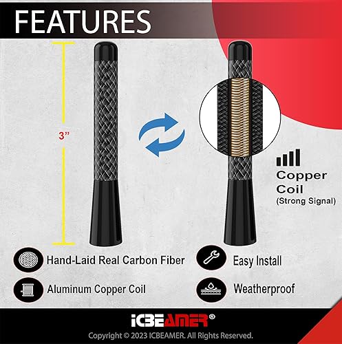 Miniatura 2 de ICBEAMER - Antena corta de radio de automóvil de 3 pulgadas, de fibra de carbono y aluminio, negro mate, ajuste universal, radio AMFM, bobina de