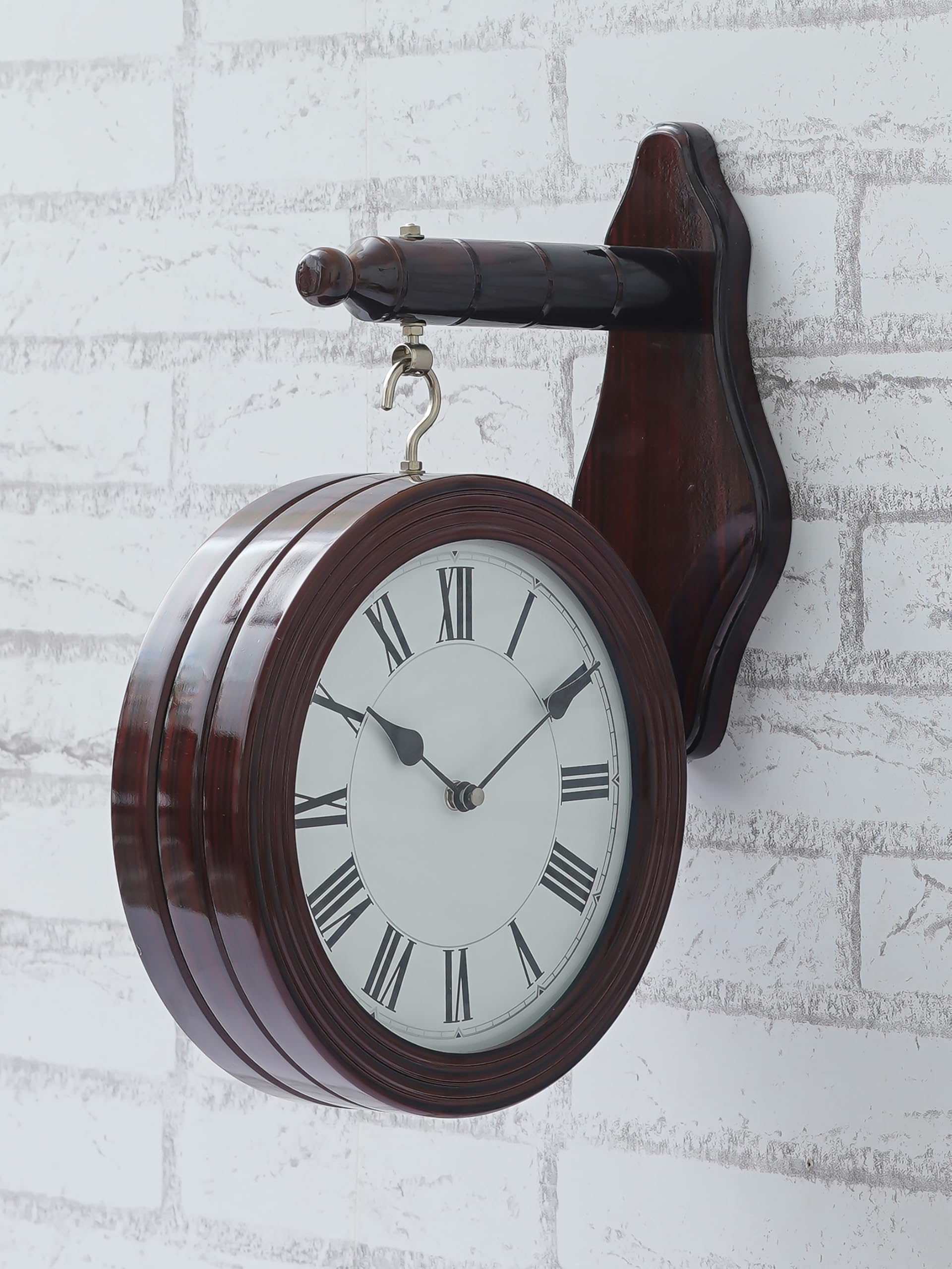 Beautiful Wooden Round Double Sided English Roman Numbers Station Hanging Wall Clock for Living Room Home Decor Office Gifts