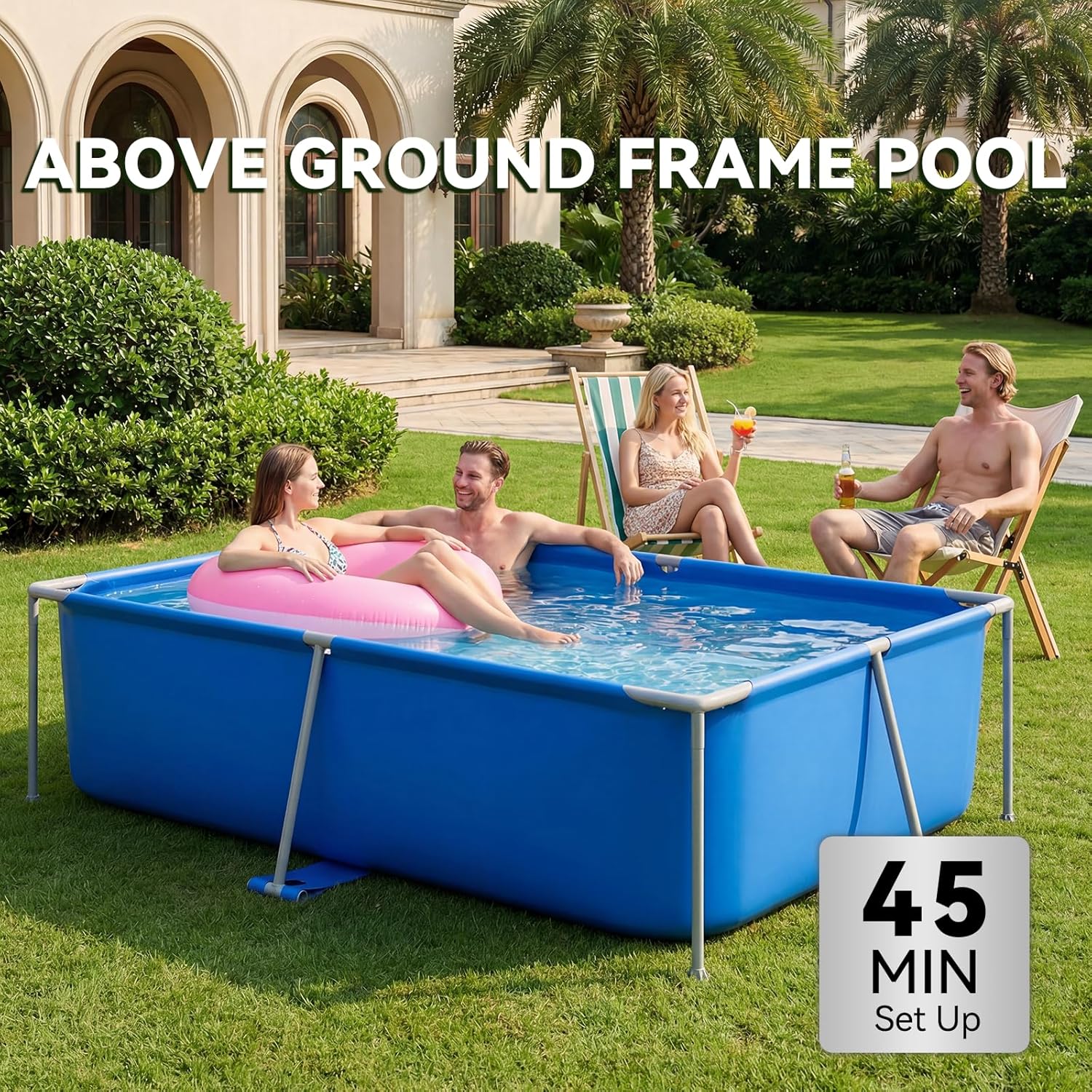 8' X 6' X 23'' Metal Frame Swimming Pool for Family, Rectangle Above Ground Pool for Adults & Kids, Easy Setup for Outdoor, Backyard, Garden, Camping - Durable PVC, Pump Not Included