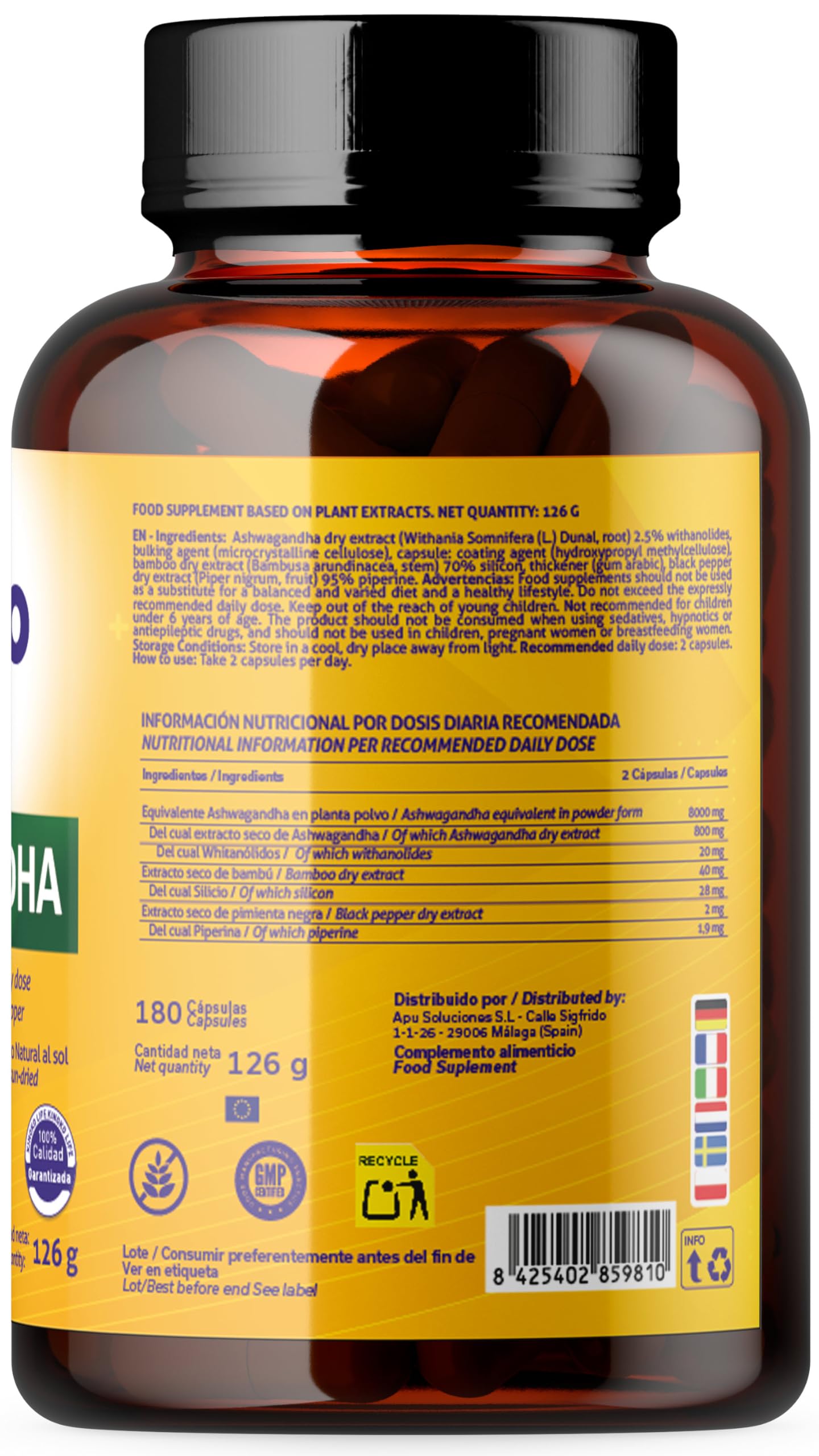 ASHWAGANDHA 800 mg – 180 Cápsulas | Extracto 10:1 con Pimienta Negra (Piperina) | Adaptógeno y Nootrópico Natural para el Estrés, Cortisol y Energía Mental – Kinoko Life