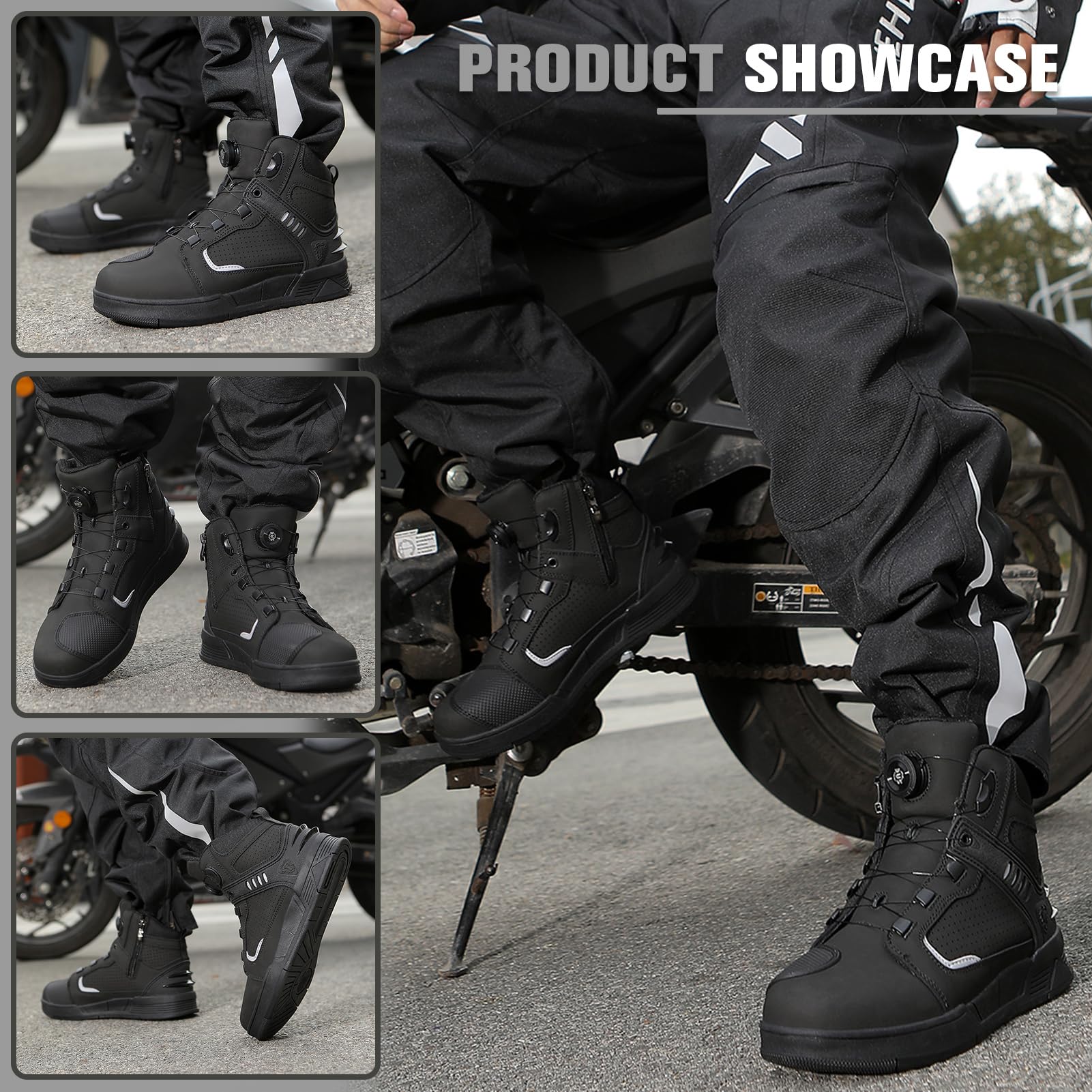 Scarpe Moto Uomo, Stivali Moto, Stivali Scarpe Moto Motocross Strada | Traspiranti con cerniere laterali e supporto per la caviglia, Strisce riflettenti, Suola in gomma antiscivolo