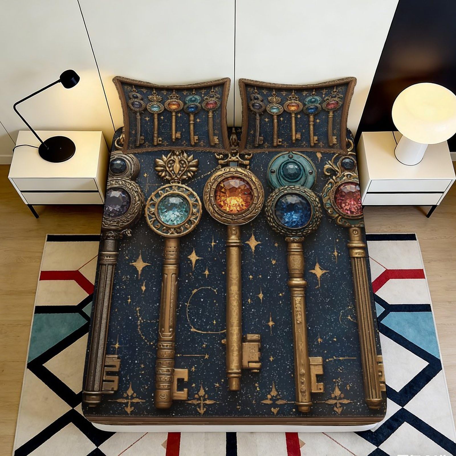 Jxqhbvmg Style-3 3D Printed Vintage Magic Keys Fitted Sheet Microfiber Deep Pocket Non-Slip Magic Keys Mattress Fitted Cover For Bedroom Home 90X200x25cm