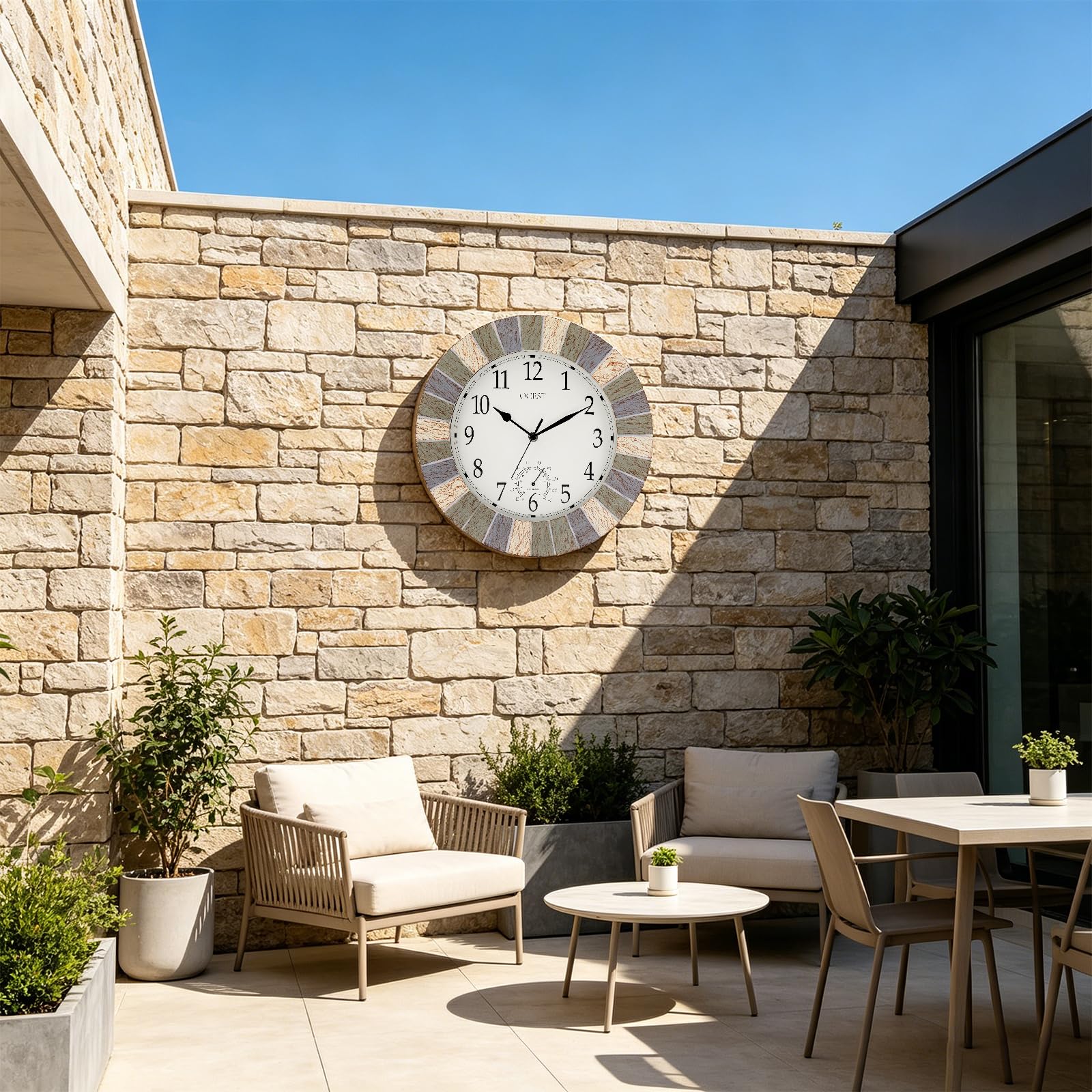 OCEST Reloj de 13 pulgadas para interiores y exteriores, impermeable, con termómetro, resistente a la intemperie, funciona con pilas, reloj decorativo para patio, piscina, porche, jardín (gris retro)