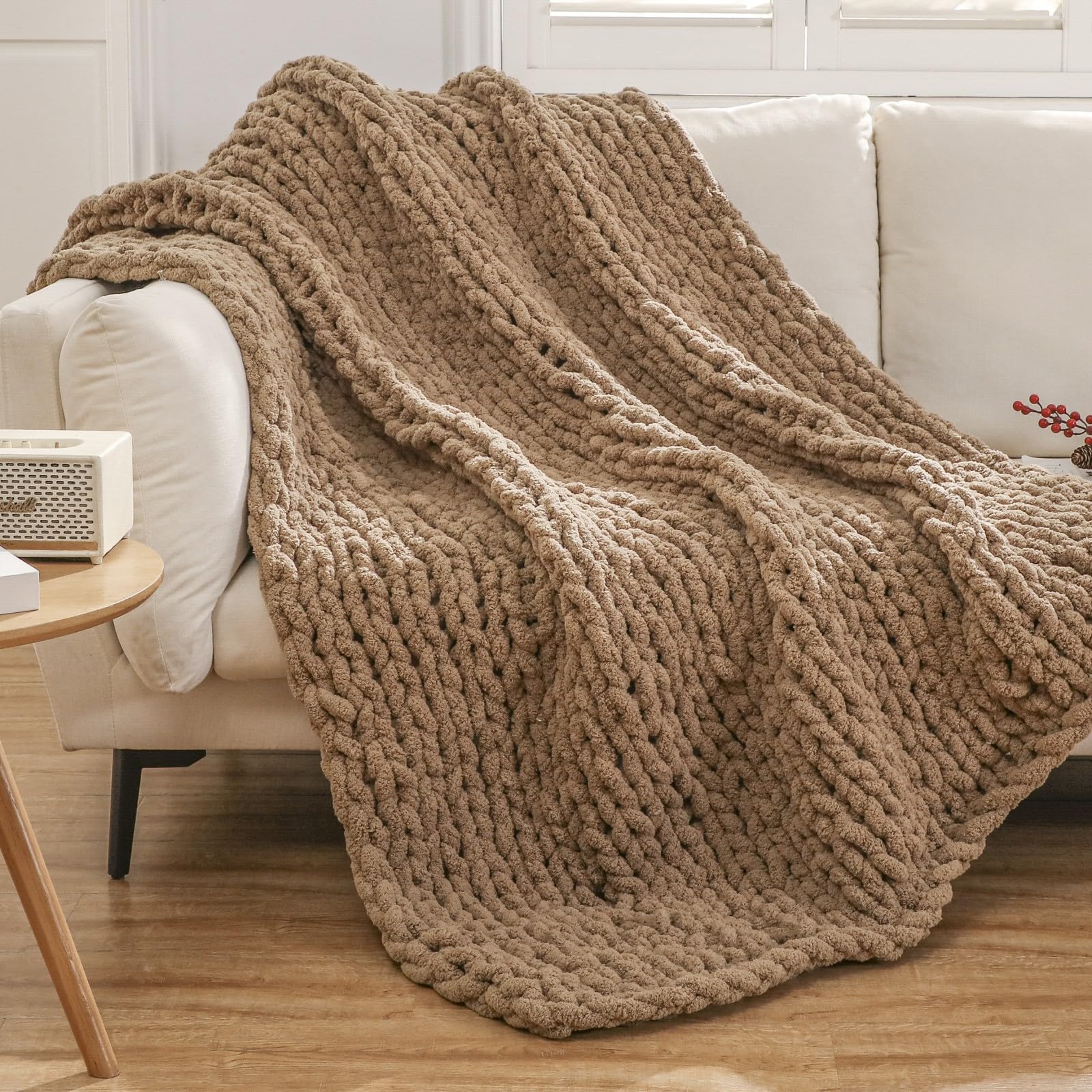 Chunky Knit Blanket Throw Knitted Throw Blankets for Couch Bed Fluffy Soft Blanket with Jumbo Chenille Yarn Thick 100% Handmade (Brown, 50"×60")
