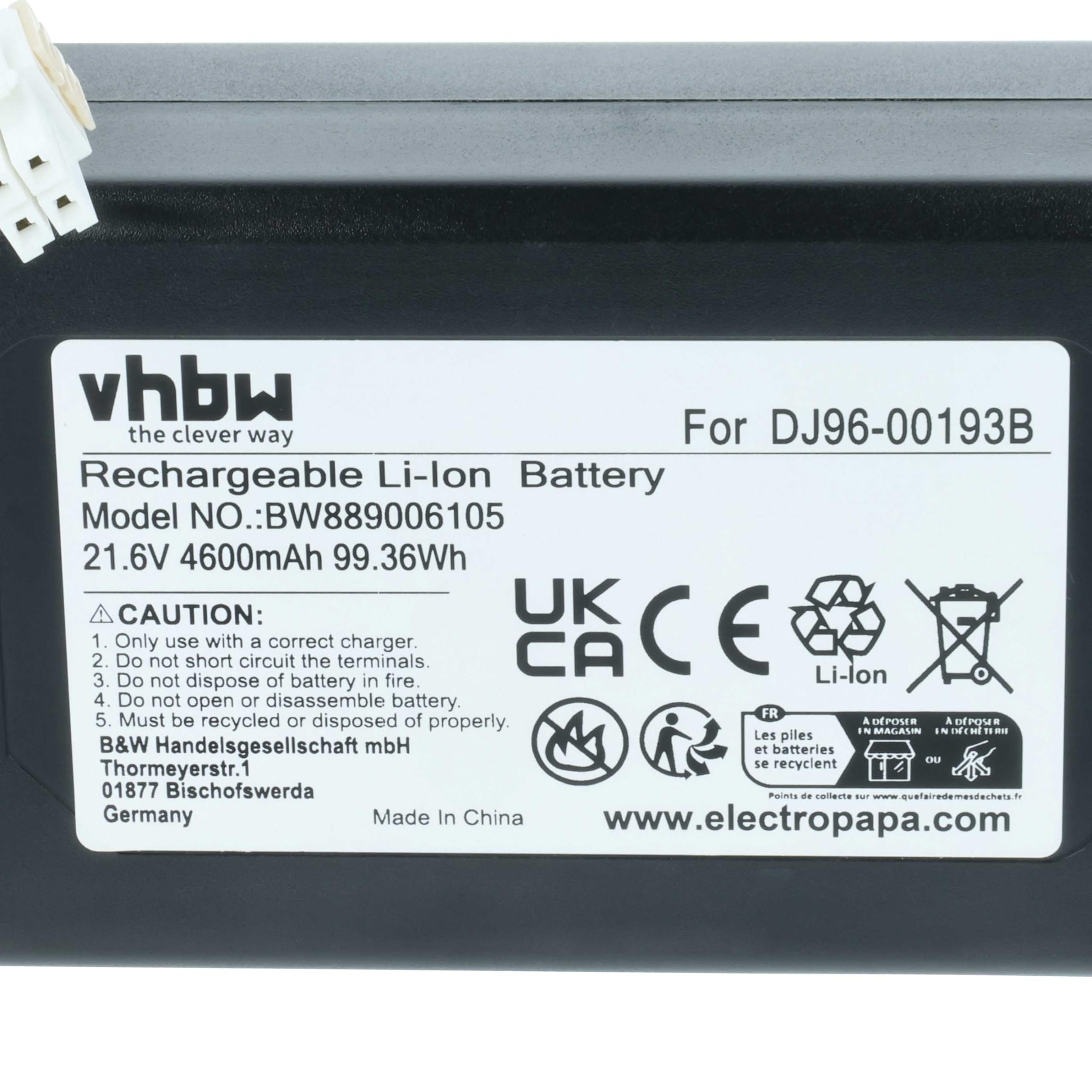 vhbw Akumulator kompatybilny z odkurzaczem Samsung Powerbot VR1AM7010U5/AA, VR1AM7040W9/AA, VR1AM7010UW/AA, VR1AM7040WG/AA (4,6 Ah, 21,6 V, Li-Ion)