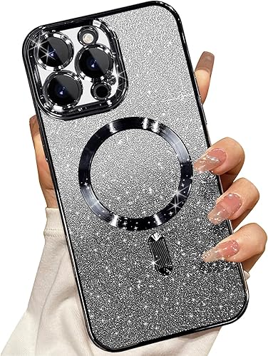 Misscase Funda magnética compatible con iPhone 14 Pro con purpurina y protector de lente de cámara, protección completa, compatible con MagSafe,