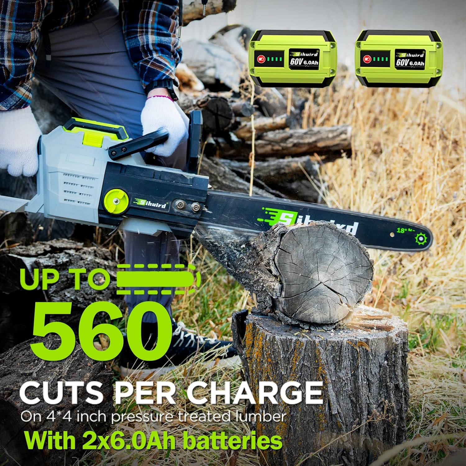 60V 18-Inch Cordless ChainSaw, 2 x 60V 6.0Ah Battery and Charger, Brushless Motor Electric Chainsaw with Tool-free Chain Tension & Auto Lubrication for Tree, Wood Cutting-SL9160 - Image 4