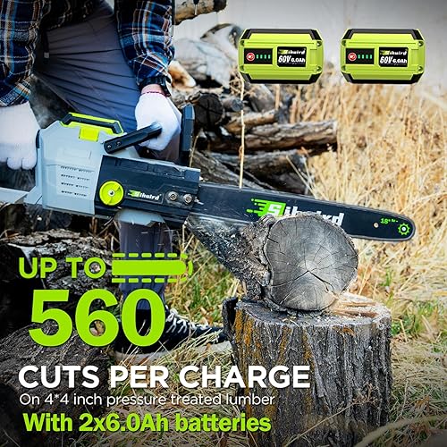 Miniatura 4 de Motosierra inalámbrica de 60 V y 18 pulgadas, motosierra eléctrica con motor sin escobillas con 2 baterías de 4.0 Ah y cargador, tensión de cadena
