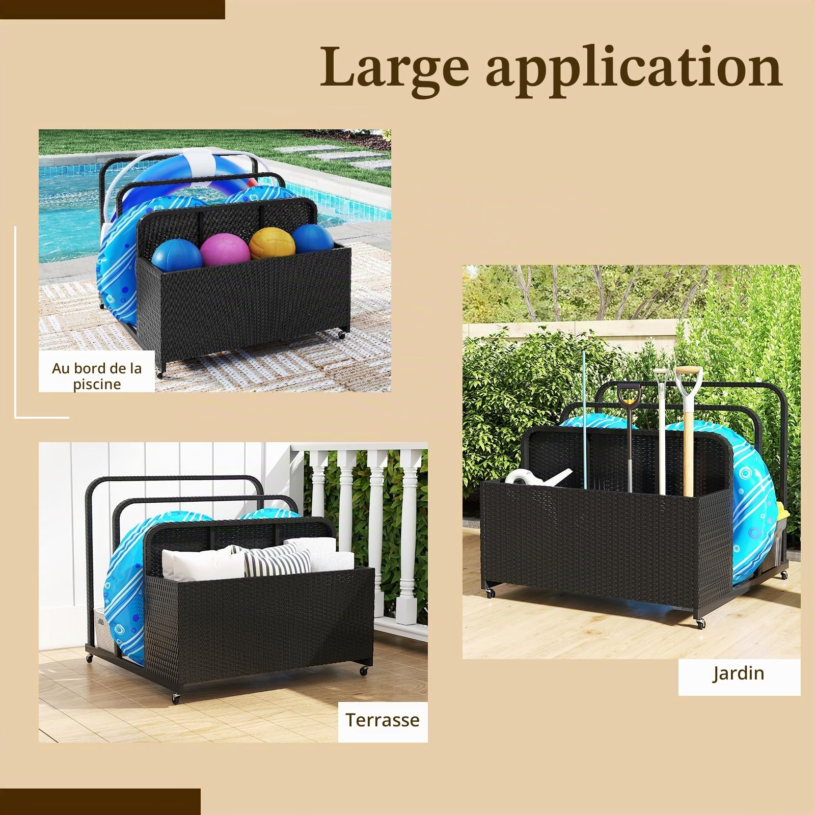 GIANTEX Étagère de Piscine avec 2 Porte-Serviettes et Coffre de Rangement en Osier, 4 Roulettes pour Déplacement Facile, Coffre Piscine Exterieur pour Bouées, Matelas Gonflables, Coussins (Noir)